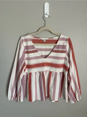 AMERICAN EAGLE Striped Linen Blend V-Neck Peplum Babydoll Top Sz S thumbnail 2