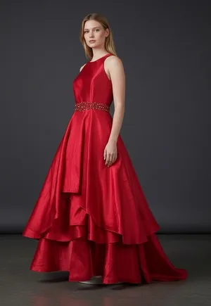 Mac Duggal Red Tiered‎ Ruffle Beaded Waist High Neck Ball Gown Dress Size 8 thumbnail 1