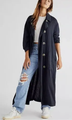 Free People Sweet Melody Trench Coat Black Lightweight Slouchy Linen Blend S-M thumbnail 1