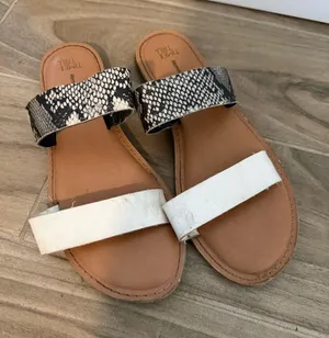 Women’s Two-Strap Slide Sandals in White and Snake Print thumbnail 1