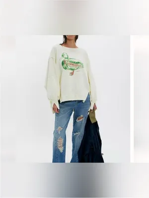 NWT Free People We The Free Graphic Camden Pullover - duck combo mallard - Large thumbnail 7