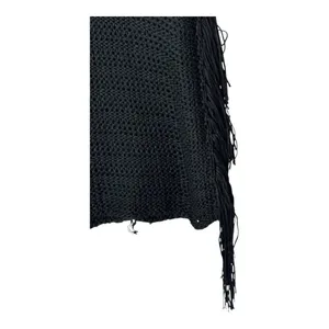 Zara Sweater Women Small Black Open Knit V Back Fringe Sides Short‎ Sleeve Tunic thumbnail 6