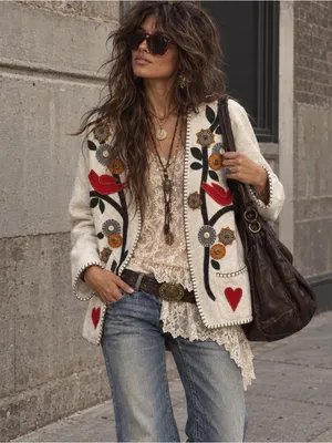 Bohemian Embroidered Cream Cardigan Sweater Jacket Medium thumbnail 12