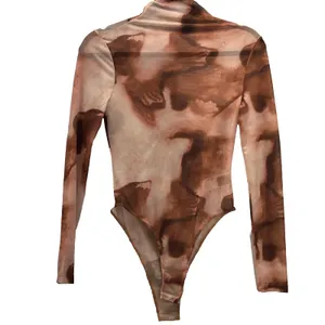 SheIn Sheer Body Suit Small Abstract Print Brown Travel‎ Vacation Layering Maximalist thumbnail 2