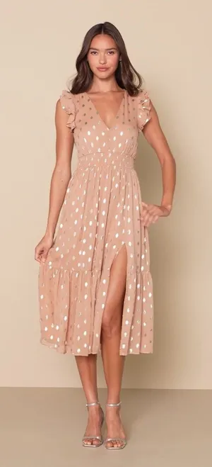 Lulus Cause to Celebrate Mauve and Silver Ruffled Tiered Midi Dress Size Small thumbnail 1