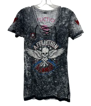 Y2K Affliction Women's Acid Wash Velvet Print Lace Up Skull Grunge Tee Small S thumbnail 1