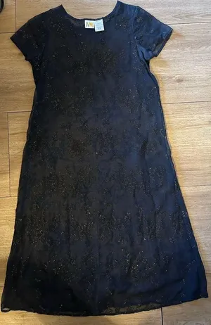 Vintage Dress Navy Black Shimmer floral Sheer Midi Size 14 1/2 Whimsy Fairy Goth thumbnail 2