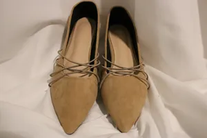 Tan Suede Pointed Toe Flats Ballet Cross Front Straps Strappy Detail thumbnail 8