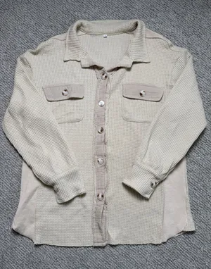 Cream Waffle‎ Knit Button Down Shacket Contrast Panel Thermal Shirt Small thumbnail 1