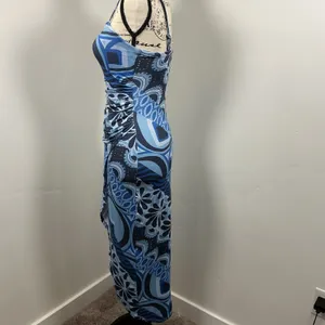 Urban Outfitters Midi Dress XS Blue Psychedelic‎ Ruched Tulip Hem Excellent thumbnail 4