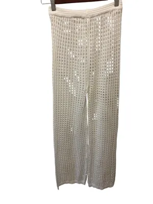 Boutique Full Length Crochet White Beach Swim Cover Pant Sz S Drawstring Knit thumbnail 3