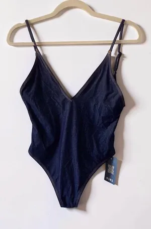 Aerie One Piece Cheeky Denim Look V-Neck Swimsuit Navy NWT Size Small thumbnail 1