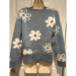 Unbranded Women Floral Fuzzy Cardigan Sweater Blue‎ Daisy Button Front Medium thumbnail 2