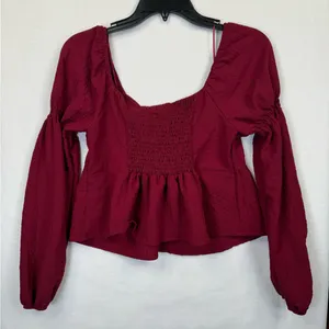 Kirious Los Angeles Blouse Womens Small Burgundy Tie-Front Peplum Long thumbnail 2