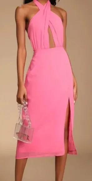 Lulu's Pink Halter Midi Dress thumbnail 1