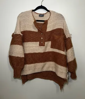 Striped Henley Pullover Sweater in Brown and Cream thumbnail 1