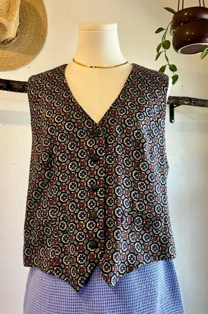 Handmade 90s Floral Folk Print Button Front Vest Top Size Medium to Large thumbnail 1