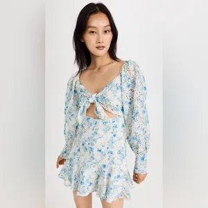 En Saison Claire Eyelet Lace Mini Dress with Tie Blue Floral Small NWT thumbnail 8