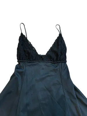 Vintage Silky Nylon Black Lingerie Slip Dress Lace Trim Empire Waist Dark Fairy thumbnail 3