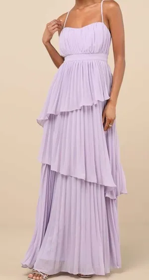 NEW Lulus Jehona Lavender Purple Pleated Chiffon Asymmetrical Tiered Maxi Dress thumbnail 1