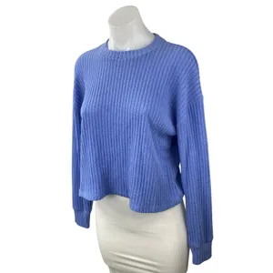 Aritzia Wilfred Free Women Blue Ribbed Knit Long Sleeve Cropped Sweater Top Sz S thumbnail 3