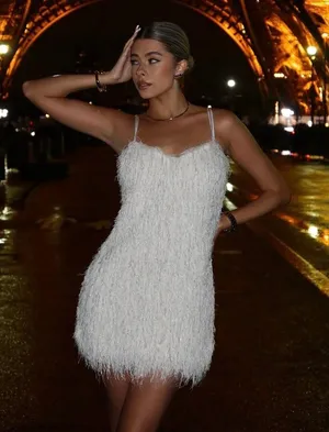 Zara White Feathered fringed Fluffy mini Dress party cocktail evening wedding thumbnail 2