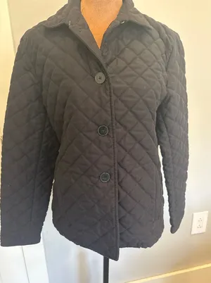 Ralph Lauren Black Diamond Quilted Jacket Button Front Gold Chain Loop Womens M thumbnail 1