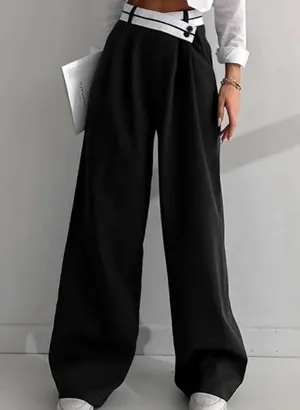 Asymmetrical Contrast Waistband Wide Leg Dress Pants thumbnail 1
