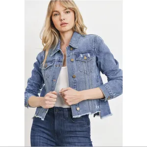 Just USA Boutique Women Distressed Blue Staircase Hem Jean Jacket Button Up-Med thumbnail 2