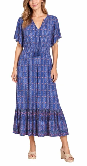 Knox Rose Maxi Dress XXL Blue Floral Tassel Tie Tiered Flutter Sleeve Cottage thumbnail 1