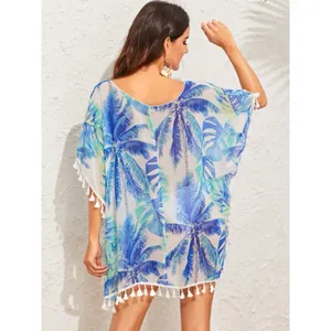 SHEIN Blue White Tropical Floral Sheer Tassel Beach Cover Up Size Large thumbnail 4