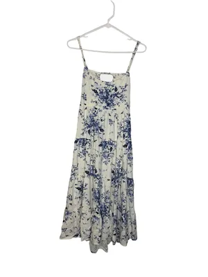 🌸 Lulus‎ Mykonos Mood Ivory Floral Print Tie Strap Tiered Midi Dress Size M 🌸 thumbnail 3