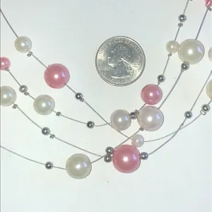 Silver Tone & White Pink Faux Pearl Beaded Boho Multi Strand Wire Necklace thumbnail 2