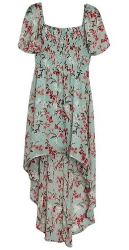 As You Wish Green Floral Chiffon Smocked Asymmetrical Dress LARGE Cottage Flowy‎ thumbnail 1
