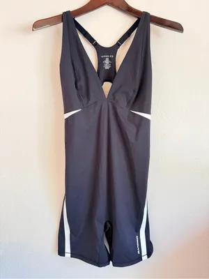 Bandier V-Neck Plunge Contrast Short Catsuit, black and white, stretchy, size M thumbnail 8