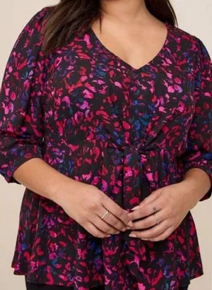 Torrid Peplum Georgette Tie Front Leopard Print Blouse Plus Size 2X Black Pink thumbnail 1