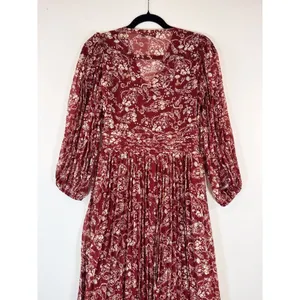 En Saison Womens Dress Red Maxi V Neck Floral Puff Sleeve Pleated Fairycore XS thumbnail 11