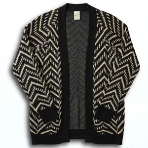 Forever 21 Womens Open Front Chevron Zigzag Knit Cardigan Sweater Black Cream M thumbnail 1