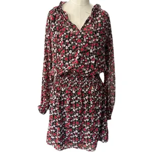 Socialite Floral Chiffon Mini Dress XS Red Black Long Sleeve Smocked Waist NWT thumbnail 16