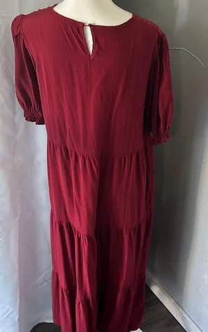 Red Tiered Puff Sleeve Casual Sundress thumbnail 3