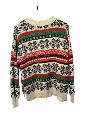 aerie Cream Fair Isle Crewneck Sweater with Navy, Red and Green Stripes thumbnail 2