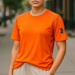 UNDER ARMOUR Neon Orange & Black Activewear Short Sleeve Top ~ Size LARGE thumbnail 1