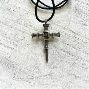 Hematite nail stake cross on cord Gray thumbnail 3
