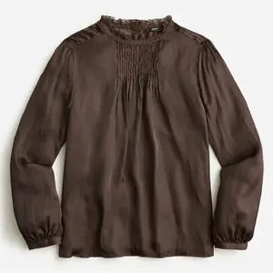 J.Crew Chocolate Brown Ruffleneck Drapey Long Sleeve Blouse thumbnail 1