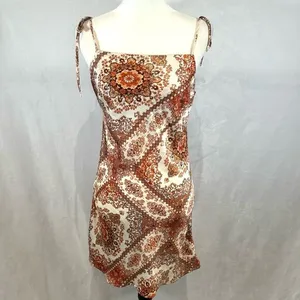 Molly Green white and rust boho tie shoulder satin slip mini dress size small thumbnail 2