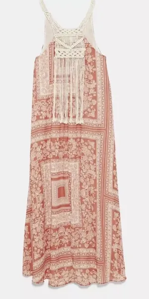 ZARA Macrame Bohemian Festival Lightweight Lined‎ Maxi Dress Size Medium / Large thumbnail 1