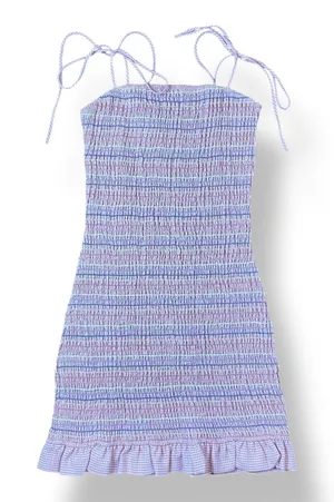 Storia Smocked Striped Gingham‎ Ruffled Mini Dress Size M Preppy Flirty thumbnail 1