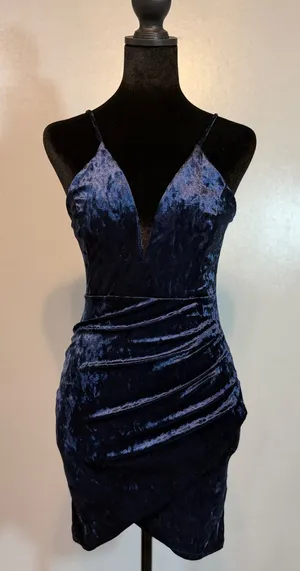 Navy Blue Velvet Bodycon Dress Ruched Wrap Mini Spaghetti Strap Deep V Cocktail thumbnail 1