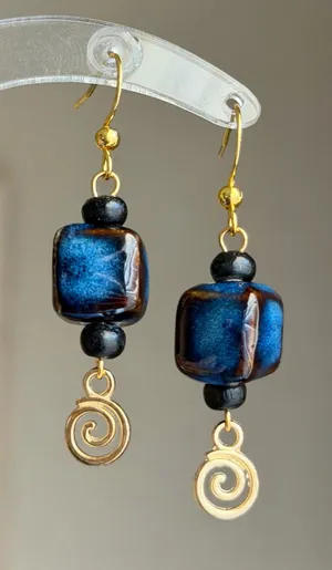 Handmade ceramic swirl chic boho retro vintage style dangle earrings💙 thumbnail 1