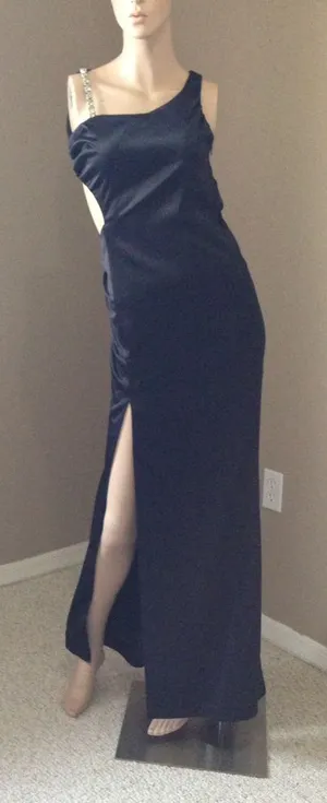 Faviana Black Satin Long Evening Dress Back & Side Cutout Rhinestone Strap Sz 2 thumbnail 1